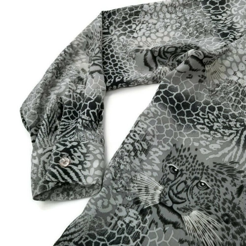 Vintage Blouse Gray Animal Print Cheetah  Alfred Dunner Button Down Petite 10